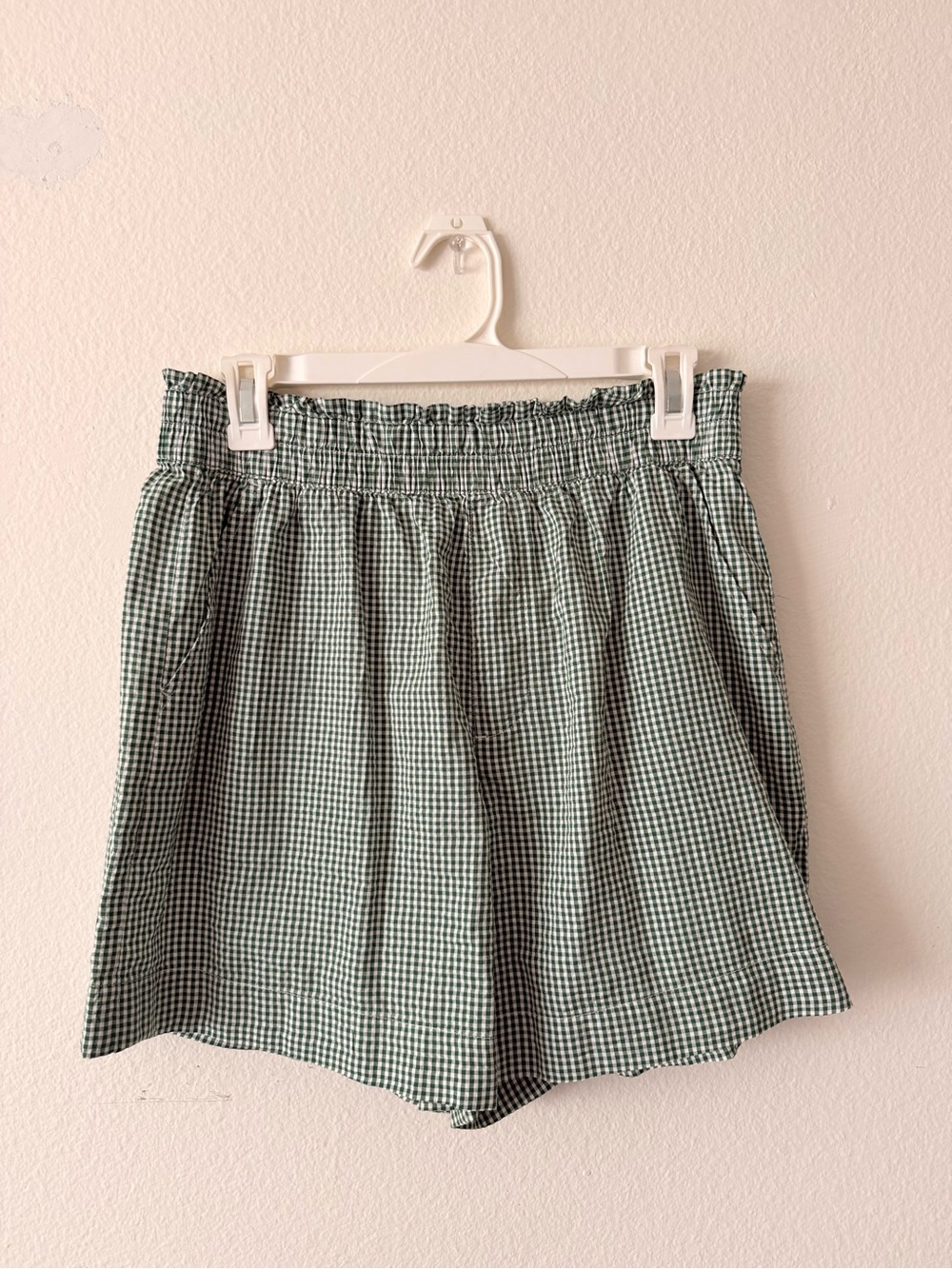 aerie Green Gingham High-Waist Smocked Shorts